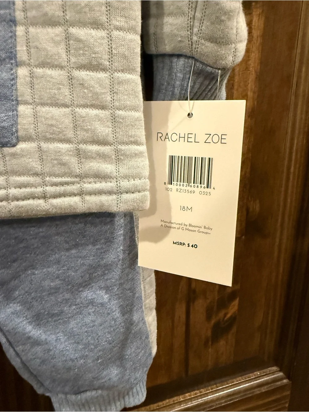Rachel Zoe Baby Quilted Set with Knit Pants & Hat - Light Blue & Cream